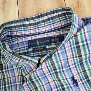 Polo Ralph Lauren Shirt Mens 3X Big Green Bluie Plaid Performance Long Sleeve